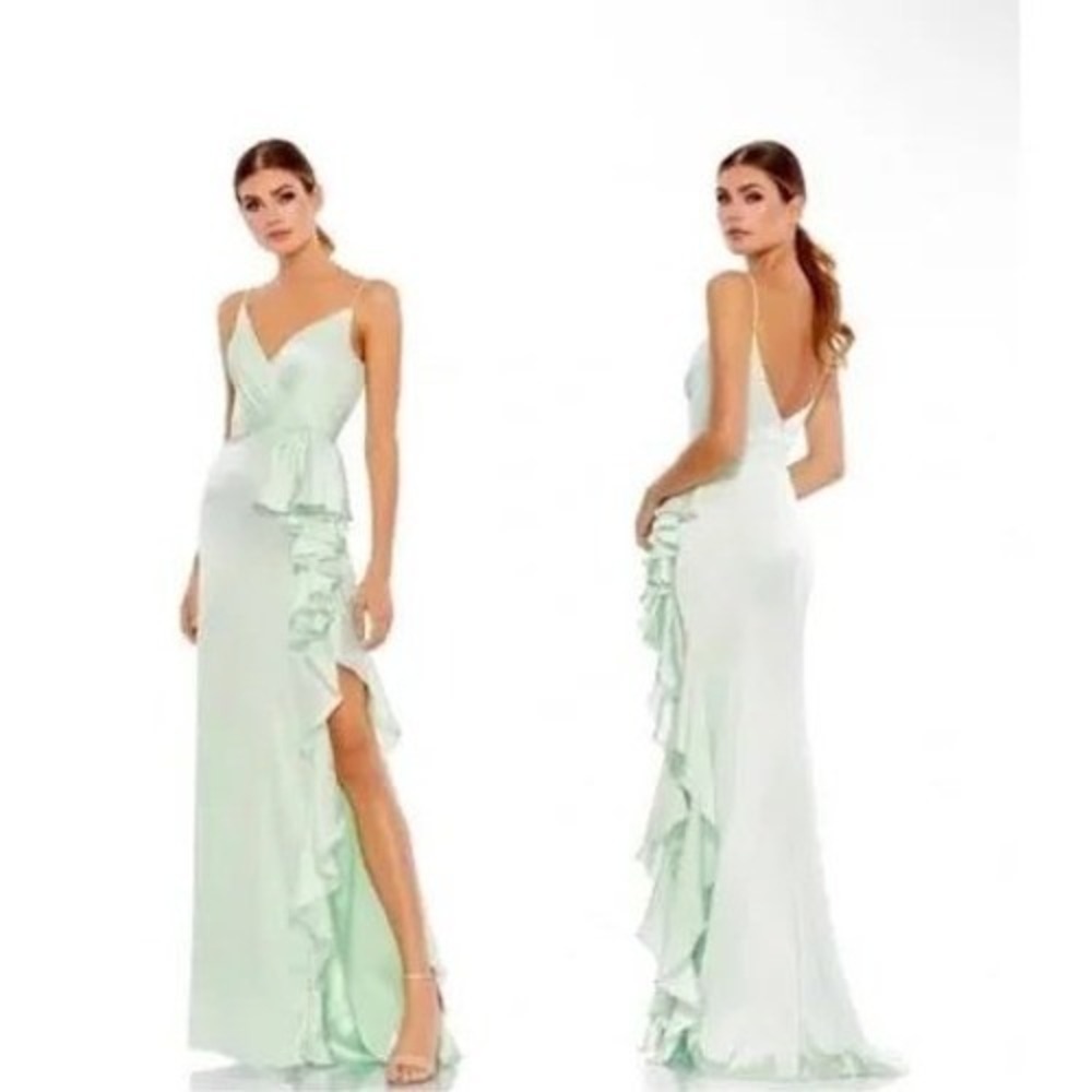 Mac‎ Duggal  Pistachio Ruffle Slit Gown Size 8 Old Hollywood Bridesmaid Prom NWT